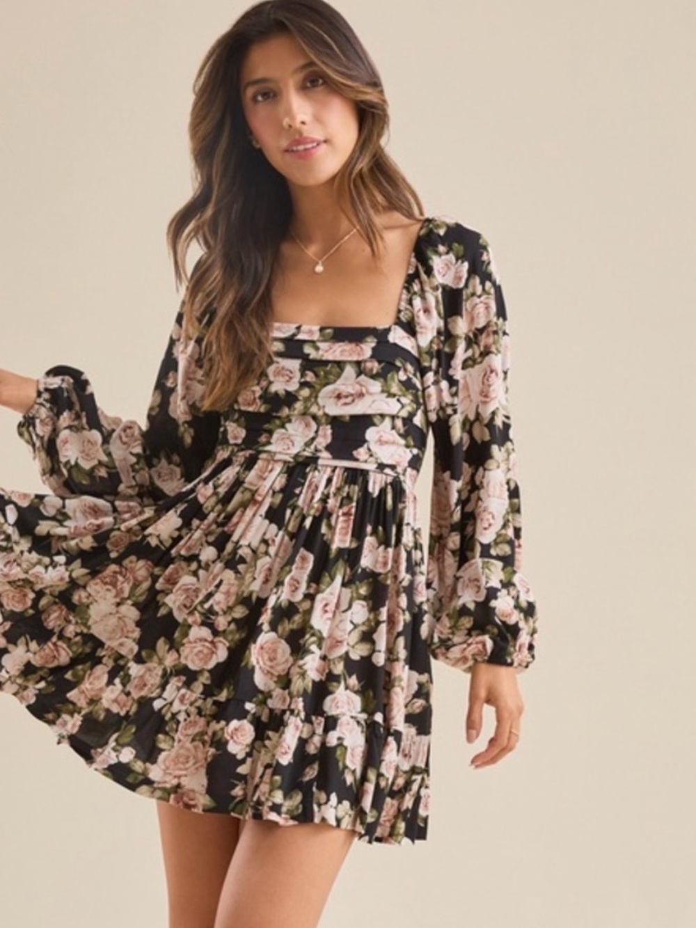 Altar'd State Black Floral Puff Sleeve Smocked Mini Dress NWT size small